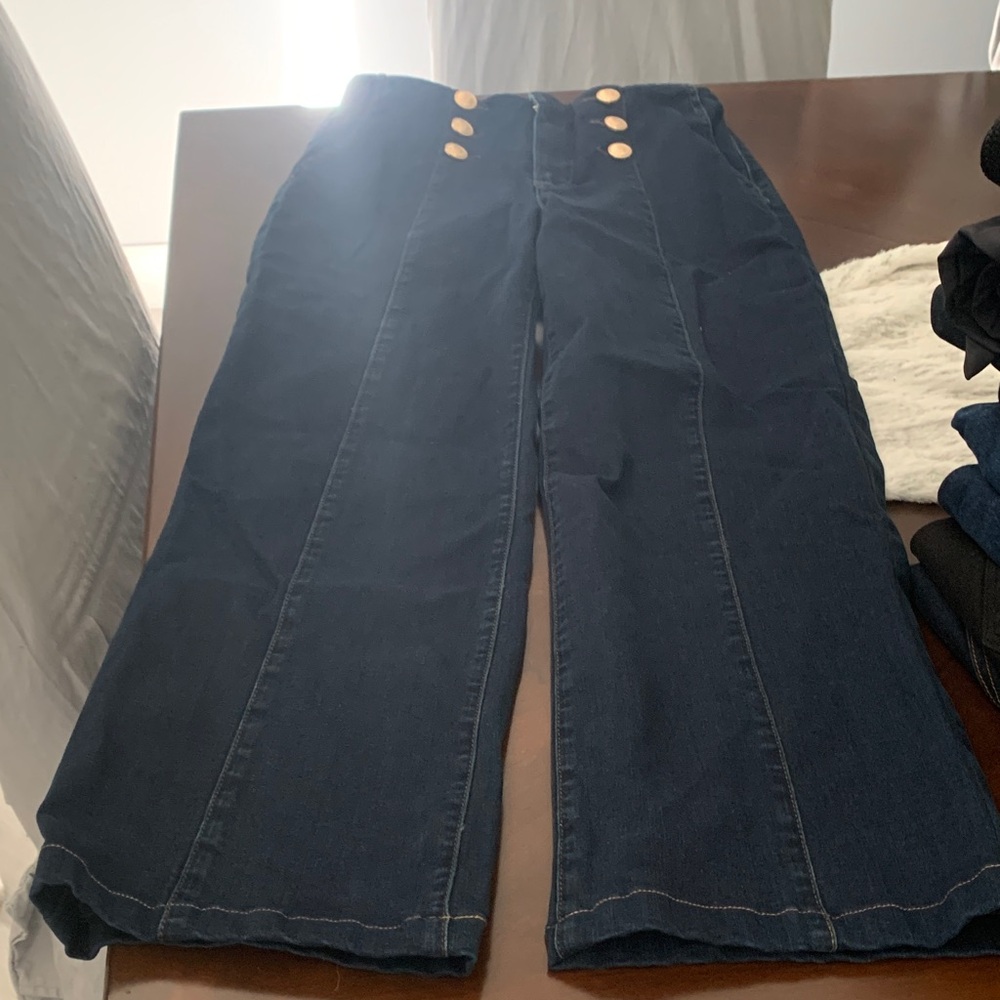 High-Rise Wide-Leg Jeans in Deep Navy with Gold Buttons